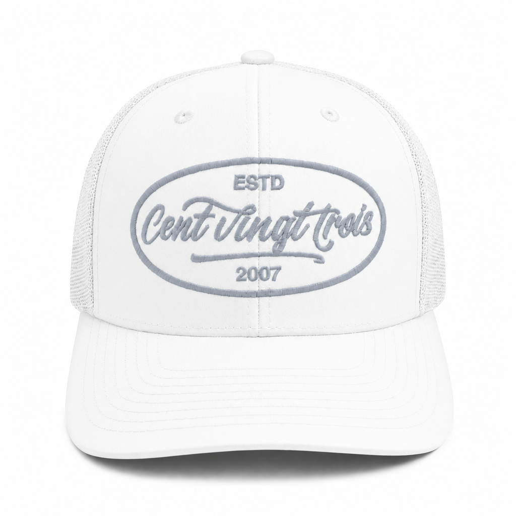 Casquette Trucker Signature VD Blanche & Grise — Brodée dans notre atelier à Béziers | Cent Vingt Trois
