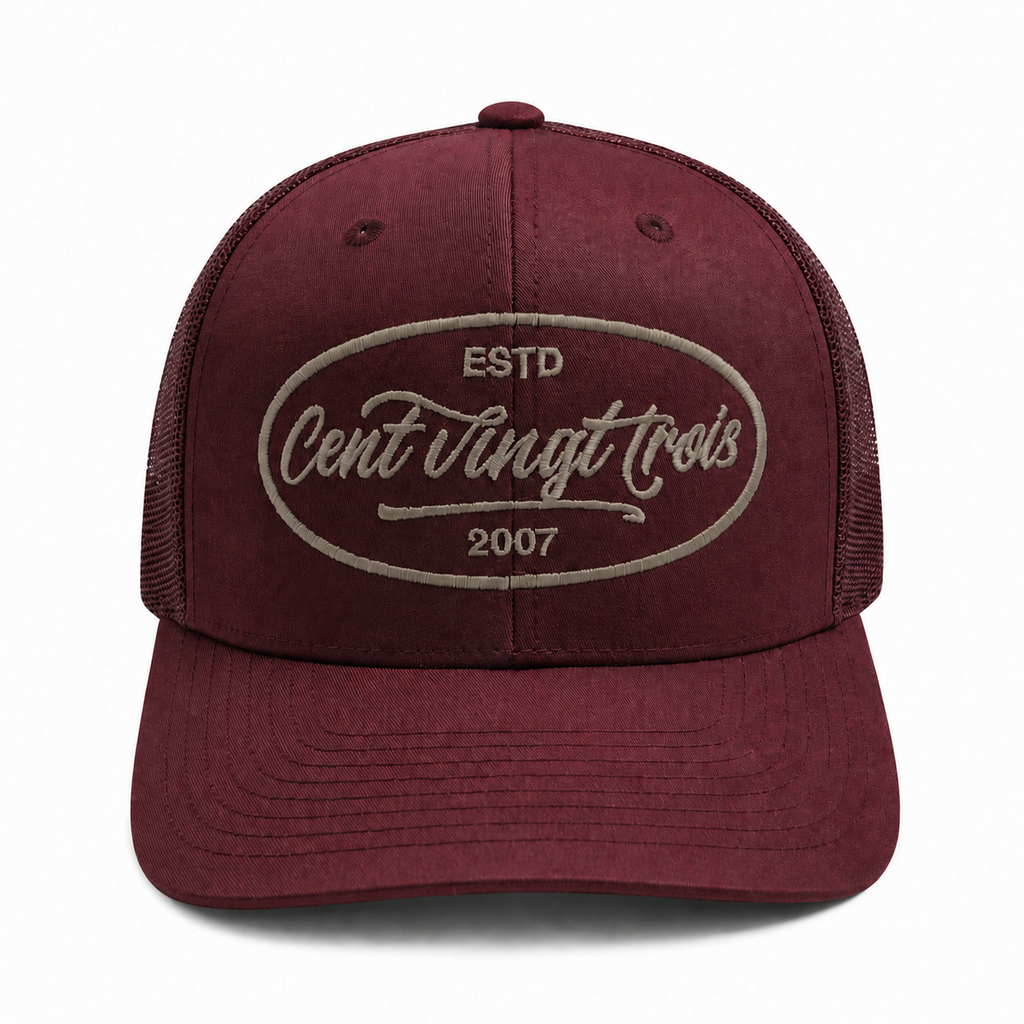 Casquette Trucker Signature VD Bordeaux & Sable — Brodée dans notre atelier à Béziers | Cent Vingt Trois