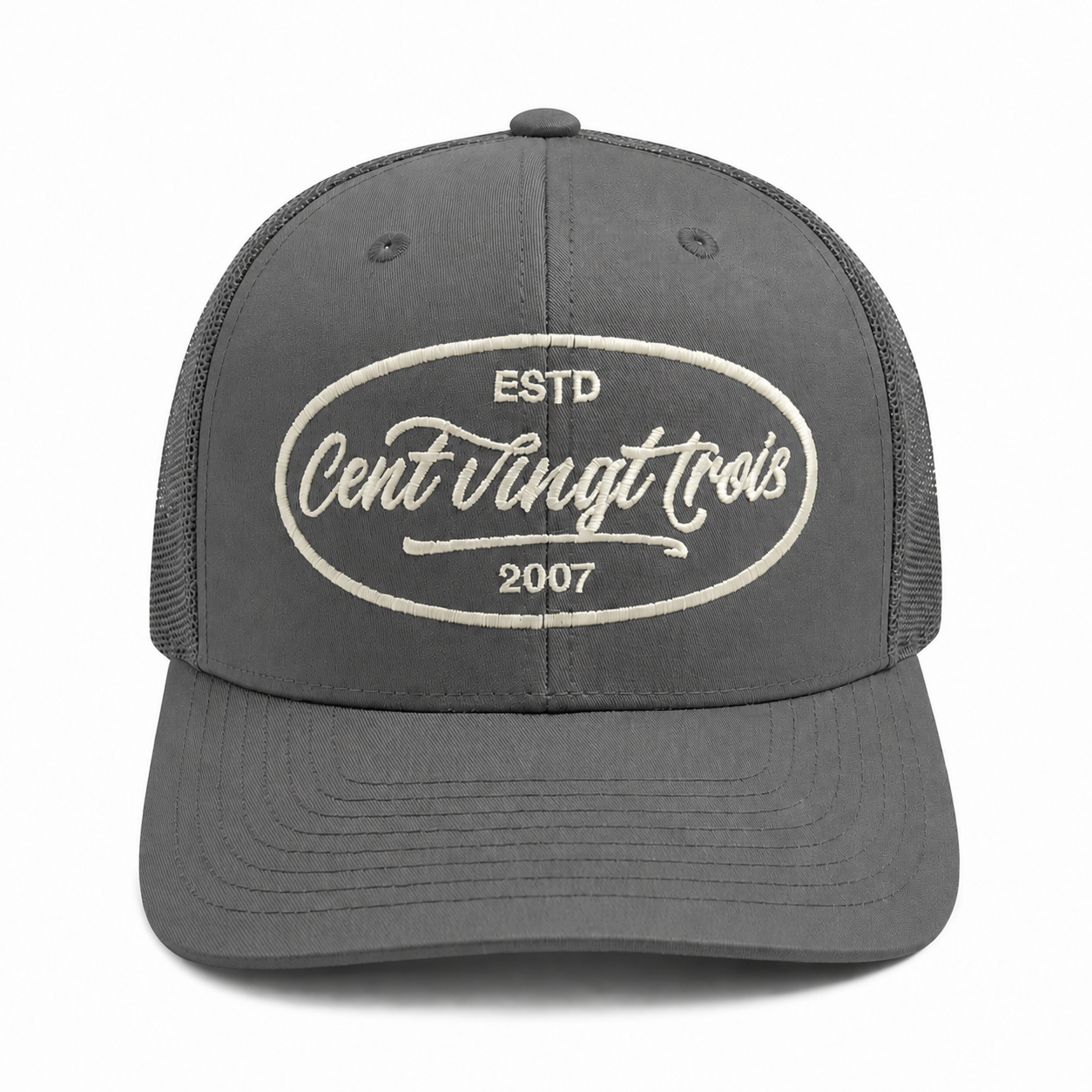 Casquette Trucker Signature VD Iron Grey — Brodée dans notre atelier à Béziers | Cent Vingt Trois