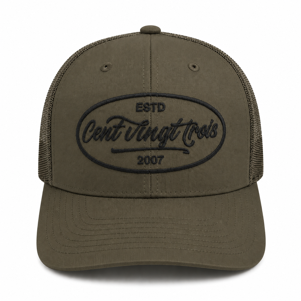 Casquette Trucker Signature VD Kaki & Noir — Brodée dans notre atelier à Béziers | Cent Vingt Trois