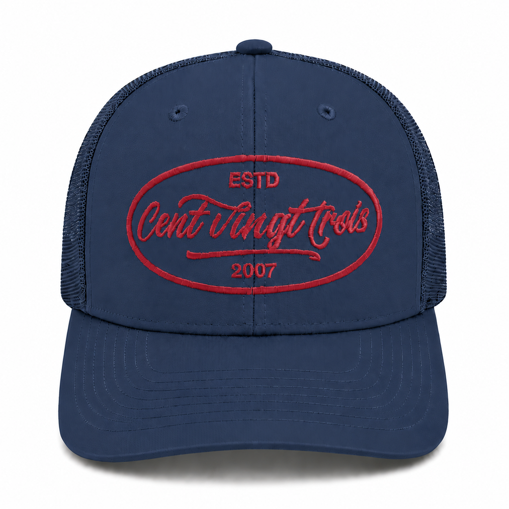 Casquette Trucker Signature VD Marine & Rouge — Brodée dans notre atelier à Béziers | Cent Vingt Trois