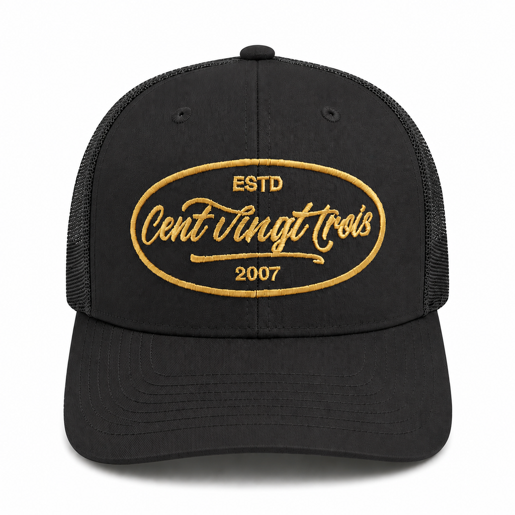 Casquette Trucker Signature VD Noire & Or — Brodée dans notre atelier à Béziers | Cent Vingt Trois