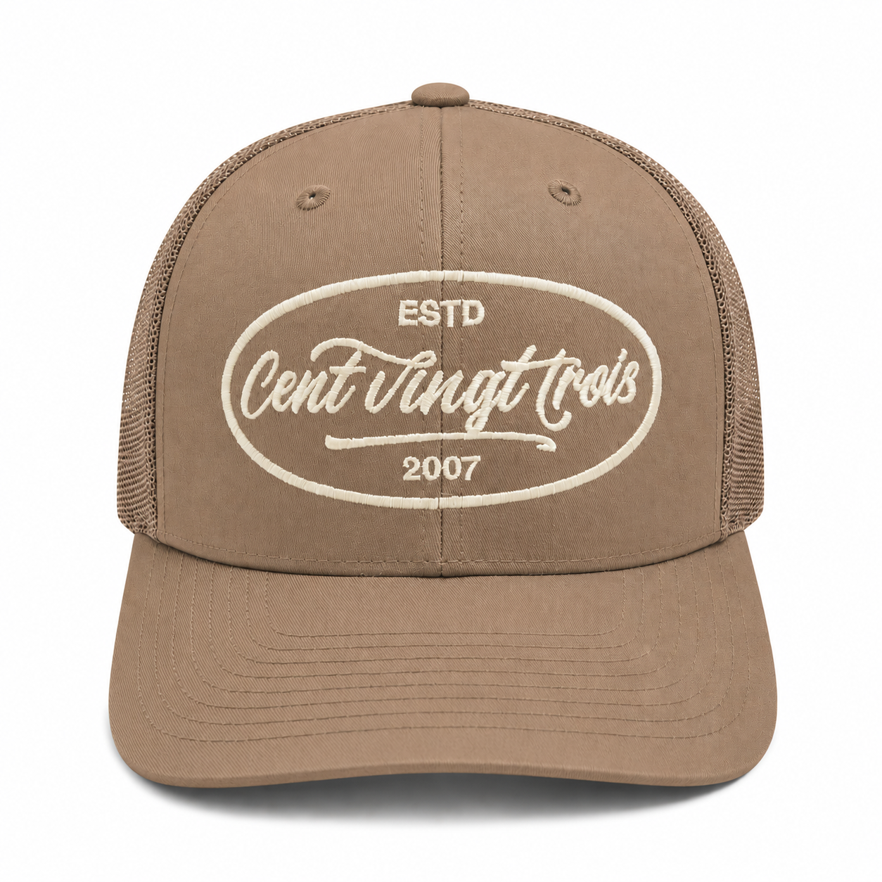 Casquette Trucker Signature VD Sable — Brodée dans notre atelier à Béziers | Cent Vingt Trois