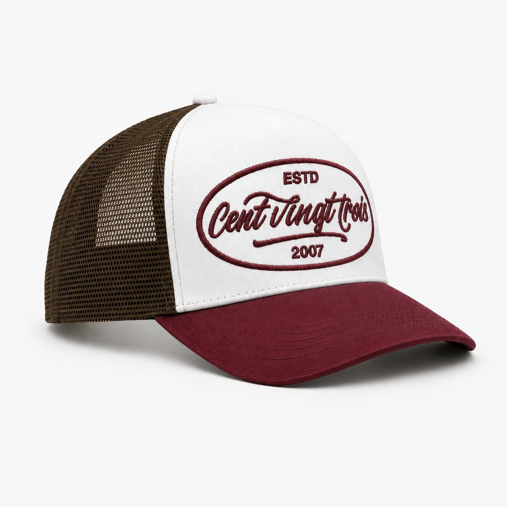 Casquette Trucker Signature VD Tricolore Kaki - Blanc - Bordeaux — Brodée dans notre atelier à Béziers | Cent Vingt Trois