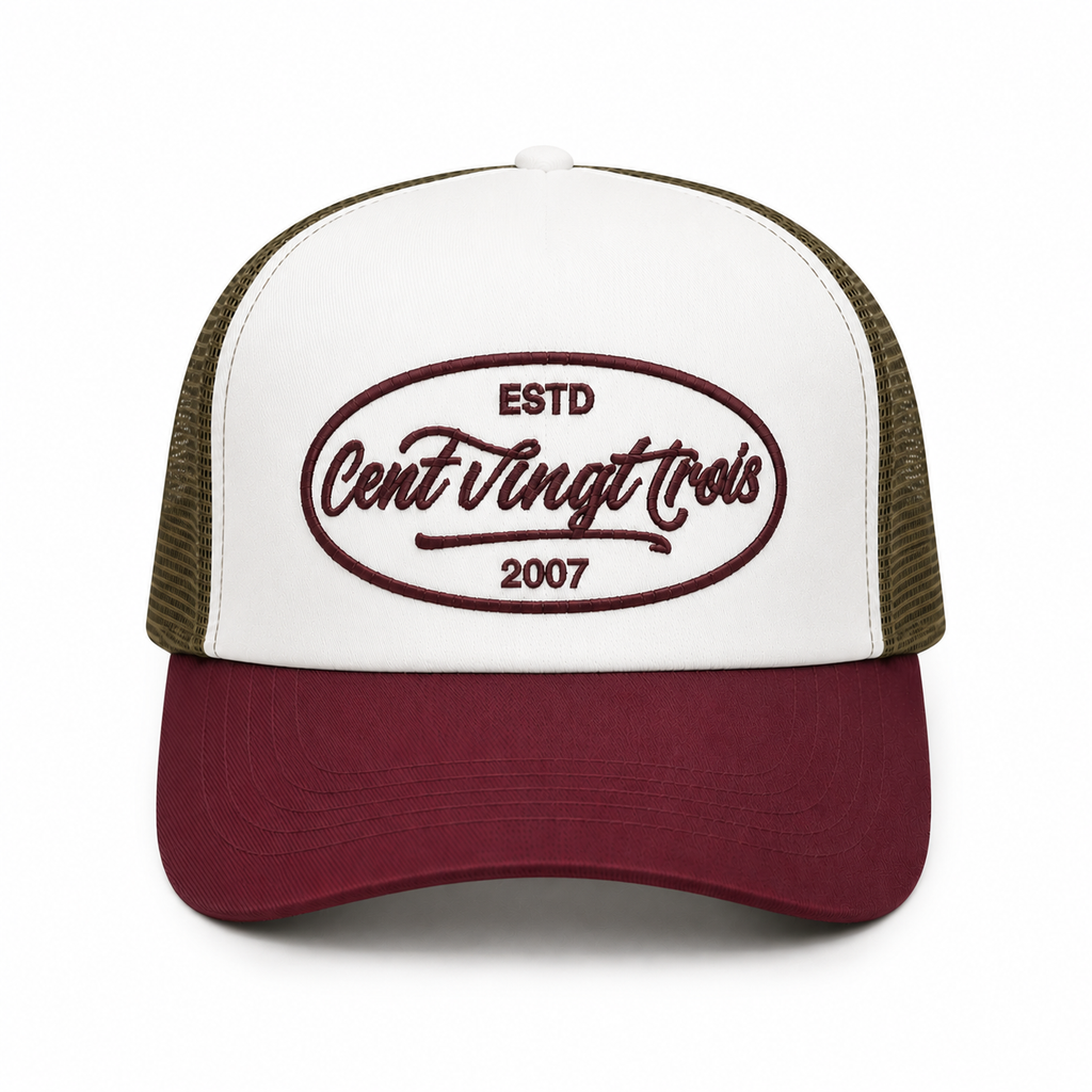 Casquette Trucker Signature VD Tricolore Kaki - Blanc - Bordeaux — Brodée dans notre atelier à Béziers | Cent Vingt Trois