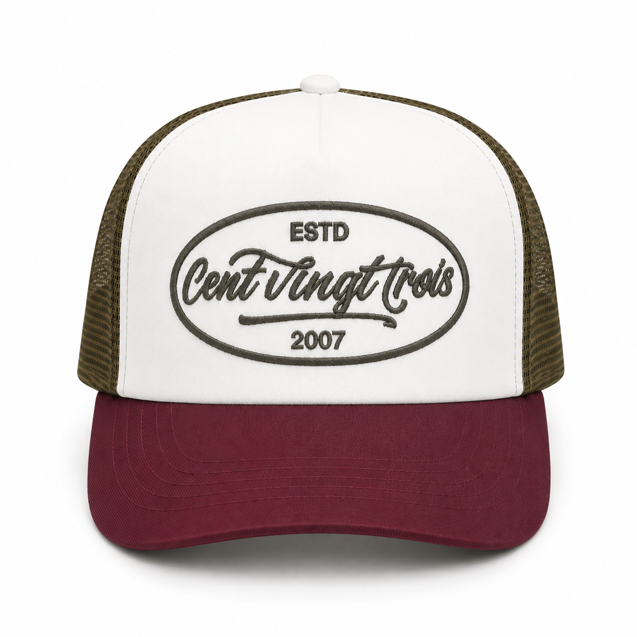 Casquette Trucker Signature VD Tricolore Kaki - Blanc - Bordeaux — Brodée dans notre atelier à Béziers | Cent Vingt Trois