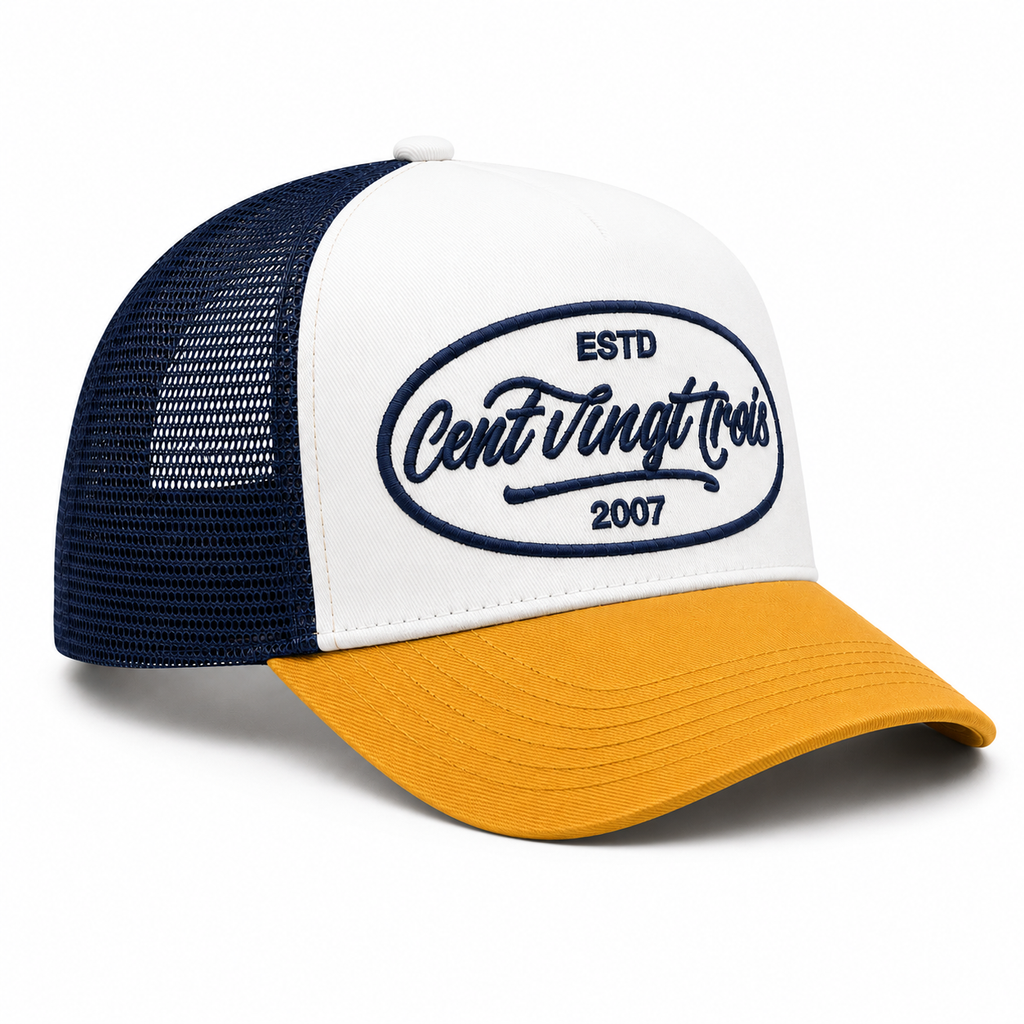 Casquette Trucker Signature VD Tricolore Marine- Blanc - Moutarde — Brodée dans notre atelier à Béziers | Cent Vingt Trois