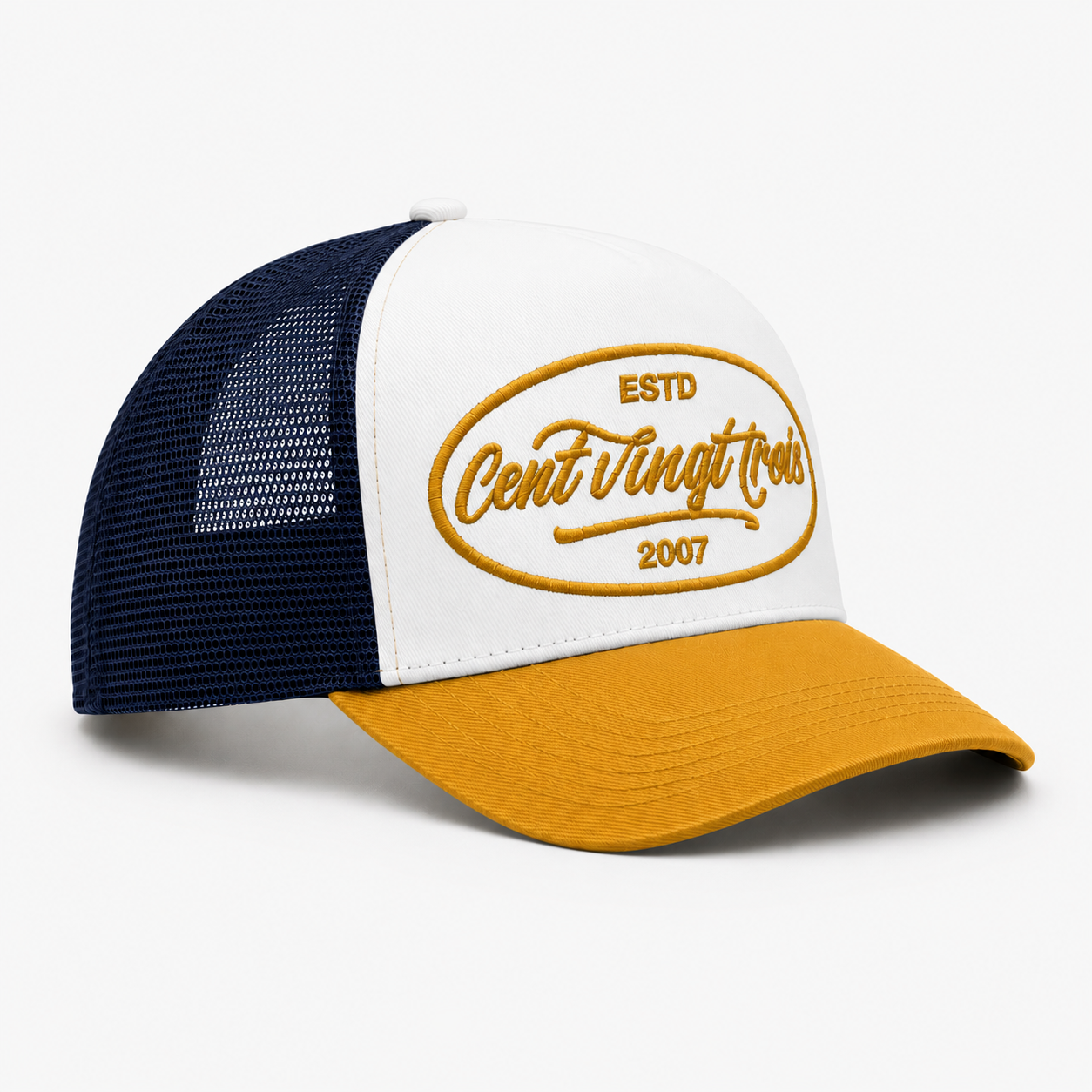 Casquette Trucker Signature VD Tricolore Marine- Blanc - Moutarde — Brodée dans notre atelier à Béziers | Cent Vingt Trois