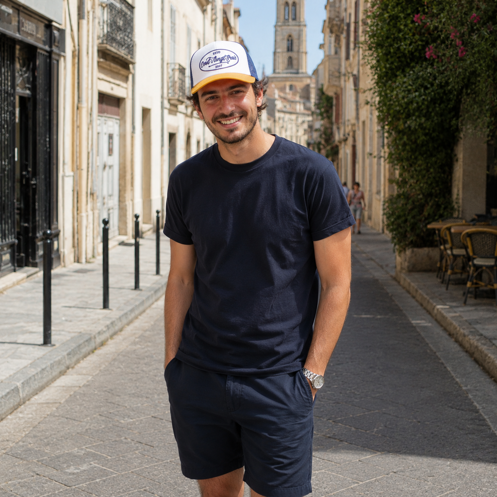 Casquette Trucker Signature VD Tricolore Marine- Blanc - Moutarde — Brodée dans notre atelier à Béziers | Cent Vingt Trois