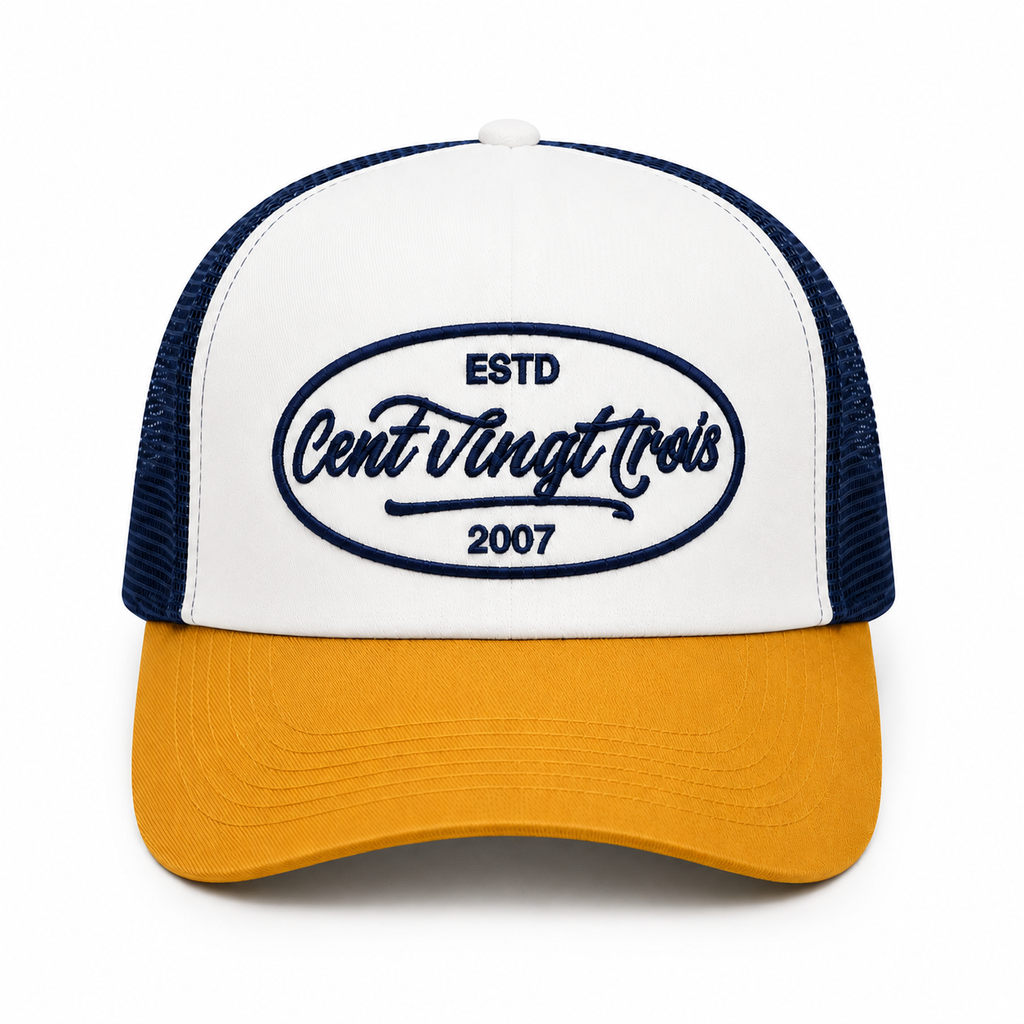 Casquette Trucker Signature VD Tricolore Marine- Blanc - Moutarde — Brodée dans notre atelier à Béziers | Cent Vingt Trois