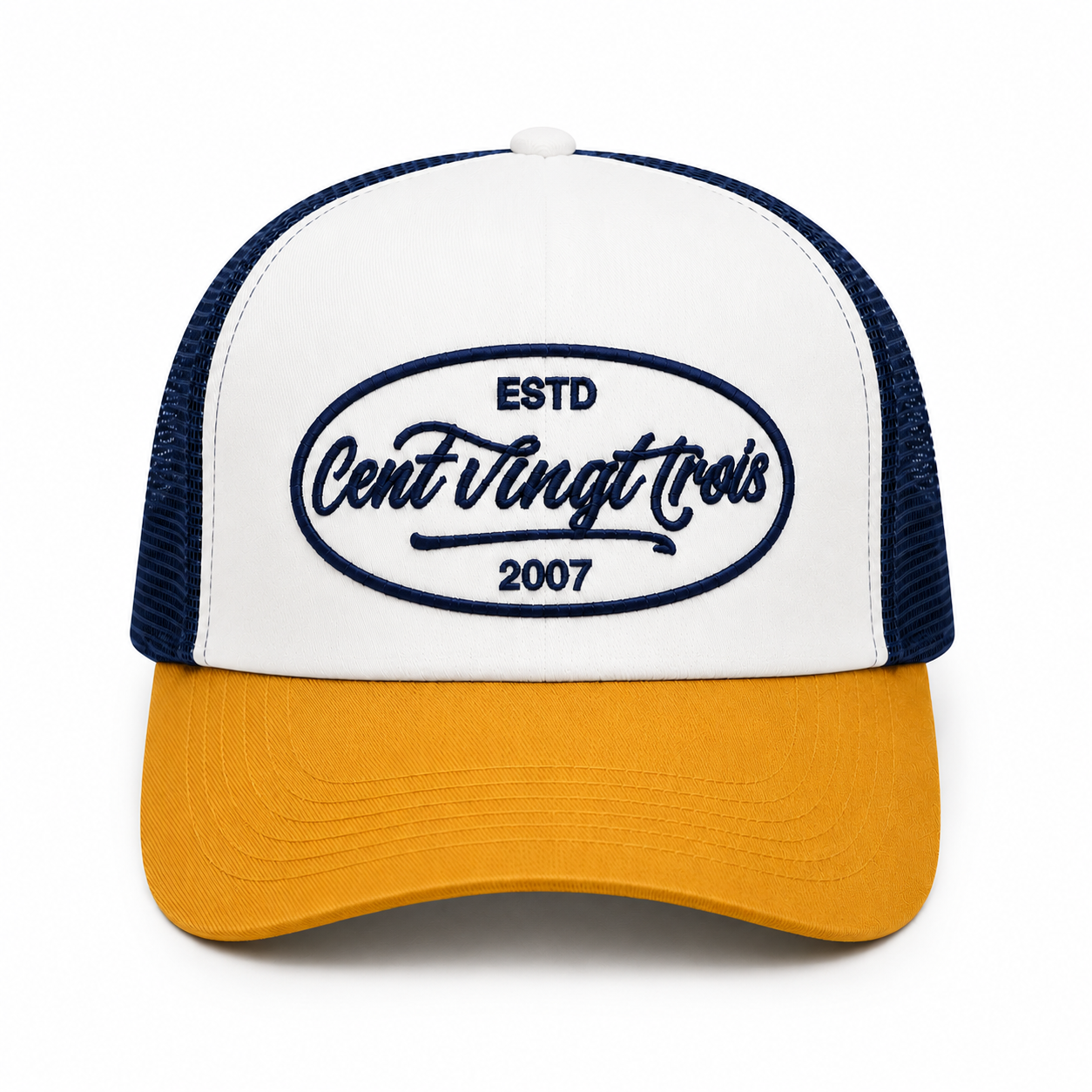 Casquette Trucker Signature VD Tricolore Marine- Blanc - Moutarde — Brodée dans notre atelier à Béziers | Cent Vingt Trois