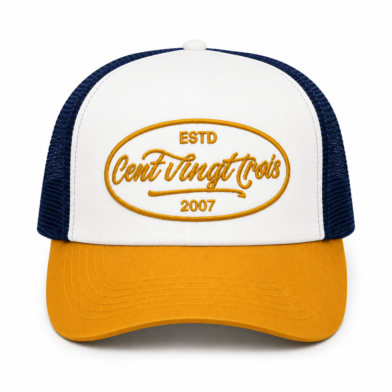Casquette Trucker Signature VD Tricolore Marine- Blanc - Moutarde — Brodée dans notre atelier à Béziers | Cent Vingt Trois